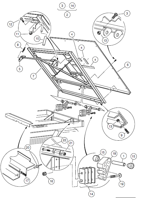 Tilt Bed, Hinge, and Latch Turf/Carryall 2, 252, and Carryall 2 Plus