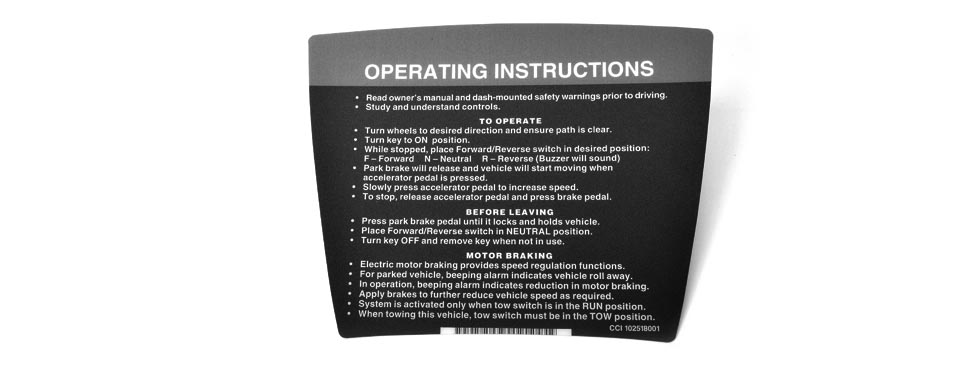 DECAL- OPERATING INSTR- ELEC  