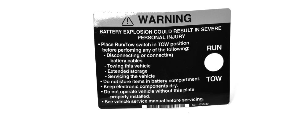 Decal, Warning, RUN/TOW